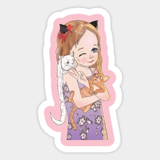 Cute Girl Playing With cats Sticker